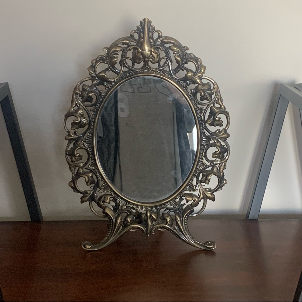 Vintage gold brass ornate Italian Florentine romantic vanity mirror